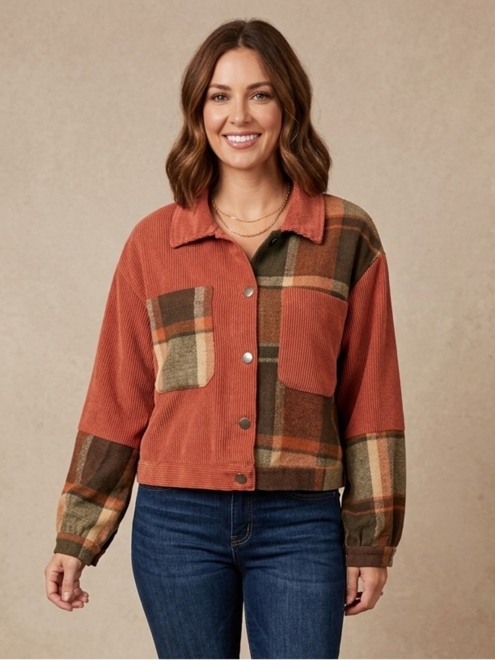 Ashley By 26 International | Plaid Corduroy Jacket - Orange and Brown | Sz M